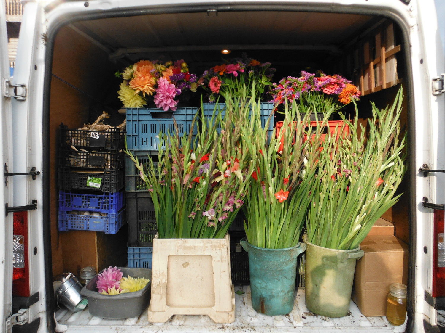 Flowers in the back of the van